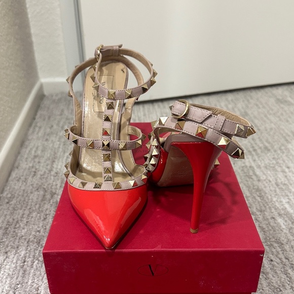 Valentino Red and Beige Studded Heels - Picture 1 of 8